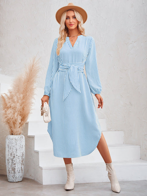 Color-Blue-Autumn Winter Women Clothing Casual V neck Striped Lace up Waist Controlled Shirt Dress-Fancey Boutique