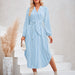 Color-Blue-Autumn Winter Women Clothing Casual V neck Striped Lace up Waist Controlled Shirt Dress-Fancey Boutique