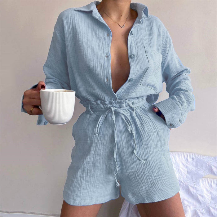 Color-Light Blue-Women Clothing Suit Pure Cotton Summer Collared Long Sleeve Shirt High Waist Pocket Shorts Two Piece Set-Fancey Boutique