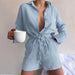 Color-Light Blue-Women Clothing Suit Pure Cotton Summer Collared Long Sleeve Shirt High Waist Pocket Shorts Two Piece Set-Fancey Boutique