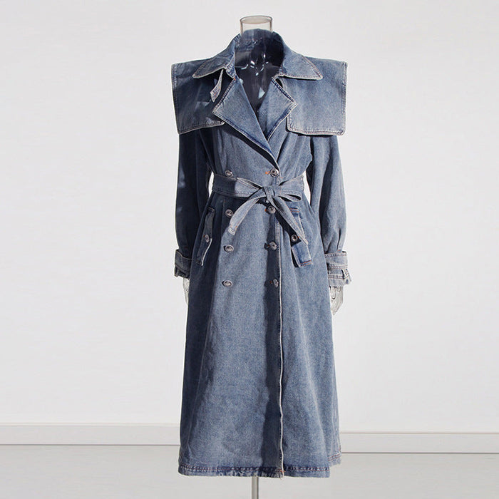 Color-Autumn Elegant Women Clothing Denim Trench Coat Polo Collar Lace up Design Slimming Denim Trench Coat-Fancey Boutique