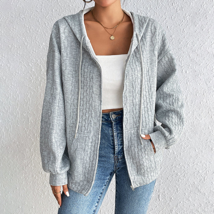 Color-Autumn Winter Solid Color Hooded Loose Zip Long Sleeve Knitted Cardigan Coat Women-Fancey Boutique