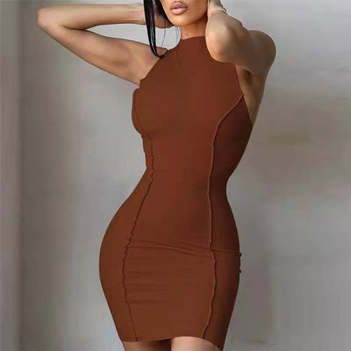 Color-Summer Women Round Neck Sleeveless Solid Color Slim Sheath Dress-Fancey Boutique
