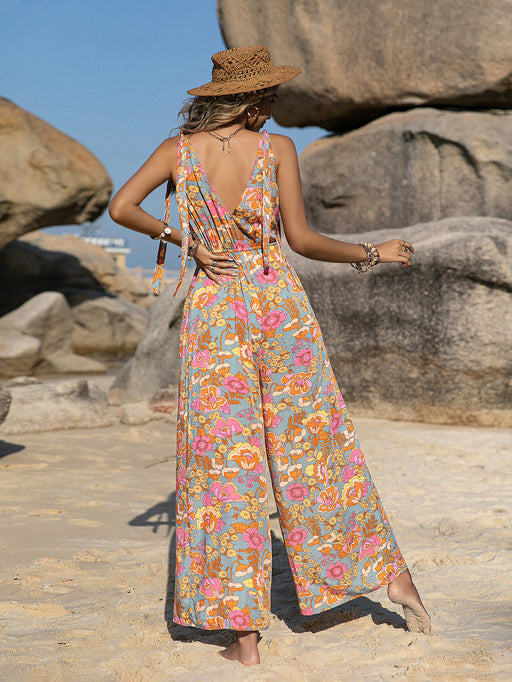 Color-Multi-Mixed Bohemian Spaghetti-Strap Floral Print Jumpsuit Backless Jumpsuit-Fancey Boutique