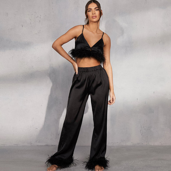 Color-Spring Summer Feather Pajamas Artificial Silk Camisole Trousers Sexy Two Piece Set Ostrich Feather Ladies Homewear-Fancey Boutique