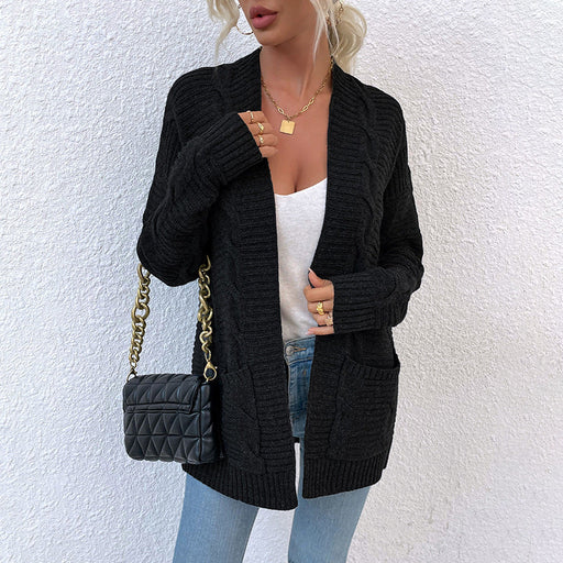 Color-Black-Sweater Women Autumn Winter New Twist Mid-Length Pocket Knitted Cardigan Coat-Fancey Boutique