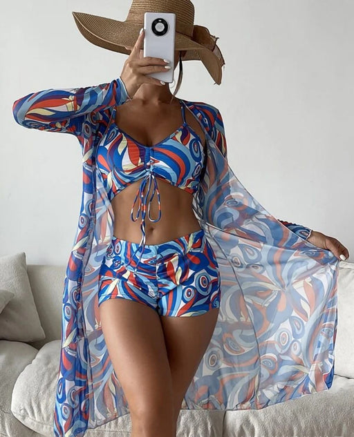 Color-Swimsuit Women Split Three Piece Suit High Waist Long Sleeves Blouse Internet Celebrity Drawstring Suit-Fancey Boutique