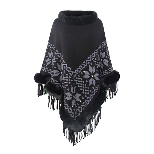 Color-Black-Autumn Winter Cape Shawl Fur Collar Beaded Tassel Hem Sweater Women-Fancey Boutique