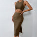 Color-Casual Suit Round Neck Sleeveless Top Slit One Step Skirt Two Piece Set Women-Fancey Boutique