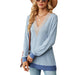 Color-Light Blue-Autumn Winter Lace V-Collar Contrast Color Slit Loose Long Sleeve T-shirt Top Ladies-Fancey Boutique