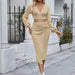 Color-Fall Winter Women Clothing Solid Color V neck Waist Controlled Long Sleeves Skirt Set-Fancey Boutique