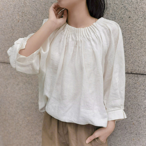 Color-Linen Three Quarter Sleeve Shirt Top Early Autumn Japanese Loose Plus Size Organ Pleated Design Niche Cotton Linen T shirt-Fancey Boutique