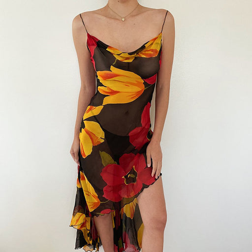 Color-Summer Dress Sexy Retro Printed High Split Backless Strap Dress-Fancey Boutique