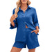 Color-Navy Blue-Women Ladies 3/4 Sleeve Shirt Short Pure Cotton Two Piece Suit-Fancey Boutique