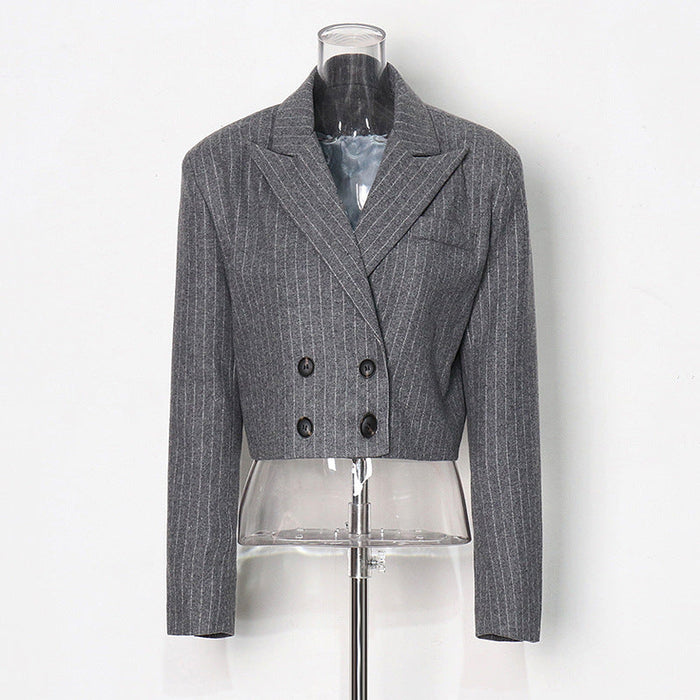 Color-Gray-Classic Striped Coat Winter Sneaky Design Loose Design Short Blazers-Fancey Boutique