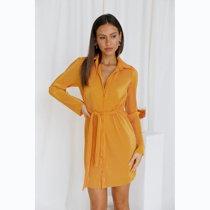 Color-Spring Summer Solid Color Pleated Single Breasted Shirt Dress-Fancey Boutique