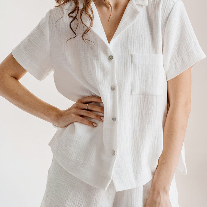 Color-White-Summer Cotton Linen French Simplicity Sports Shirt Shorts Double Layer Gauze Pajamas Women Homewear-Fancey Boutique