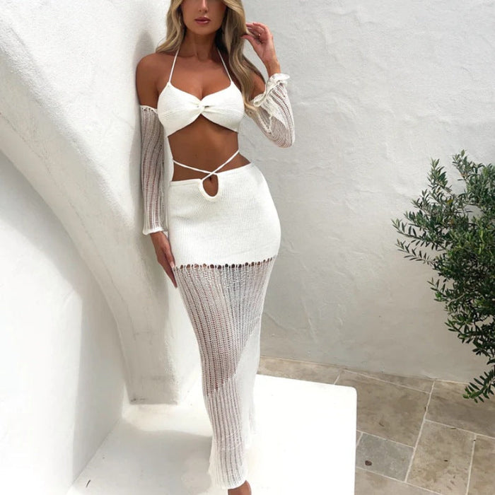 Color-Spring Summer Wrapped Chest Oversleeve Top Drawstring Hollow Out Cutout Hip Skirt Knitted Women Clothing Two Piece Set-Fancey Boutique
