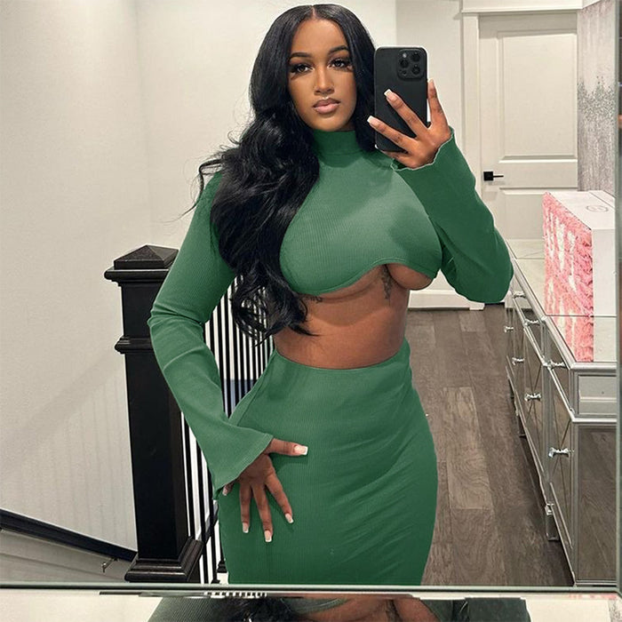 Color-Dark Green-Women Clothing Short Sleeved Top Pleated Sexy Mid Length Skirt Set-Fancey Boutique
