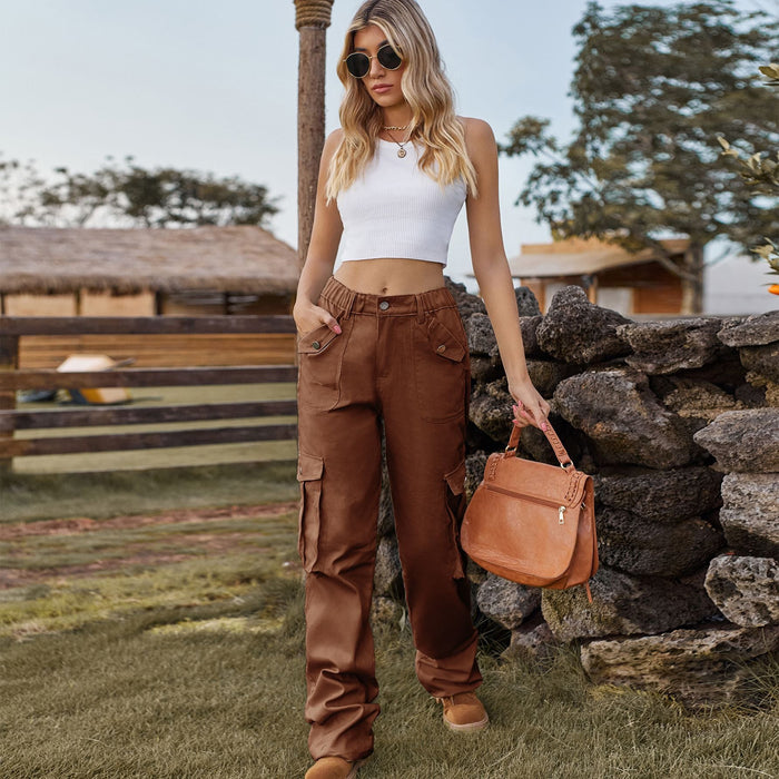 Color-Brown-Women Retro Elastic Waist Denim Overalls Casual Pants-Fancey Boutique