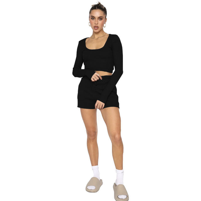 Color-Black-Spring Waffle Solid Color U Neck Long Sleeved Short Women Clothing Casual Shorts Suit-Fancey Boutique