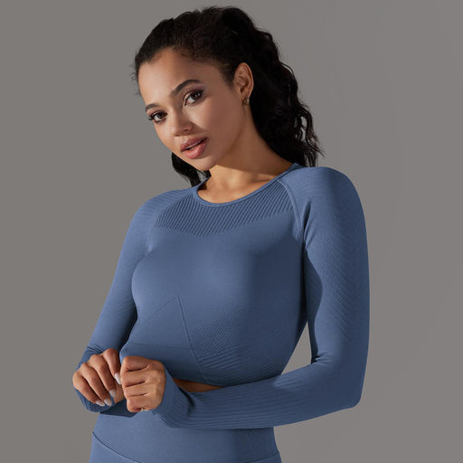 Color-Blue-Seamless Knitted Solid Color Striped Tight Top Fitness Exercise Running Yoga Clothes Moisture Absorption Body Shaping Long Sleeve Women-Fancey Boutique