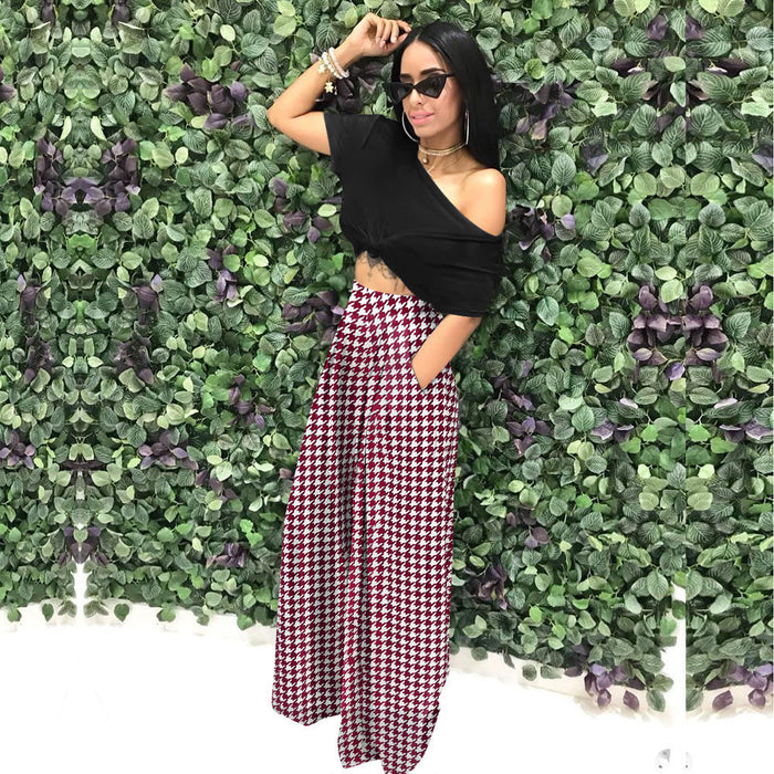 Color-Wine Red Houndstooth-Personality Houndstooth Printed Flared Pants Wide Leg Casual Pants Autumn Winter Wide Leg Pants Plus Size-Fancey Boutique