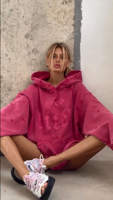 Color-Pink-Street Worn Looking Washed-out Broken Letters Printed Hoodie Women Autumn Lazy Loose Pocket Coat-Fancey Boutique