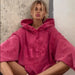 Color-Pink-Street Worn Looking Washed-out Broken Letters Printed Hoodie Women Autumn Lazy Loose Pocket Coat-Fancey Boutique