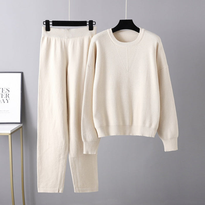 Color-Apricot-Autumn Winter Loose Casual Sweater Two Piece Set Solid Color Knitting Suit Women-Fancey Boutique