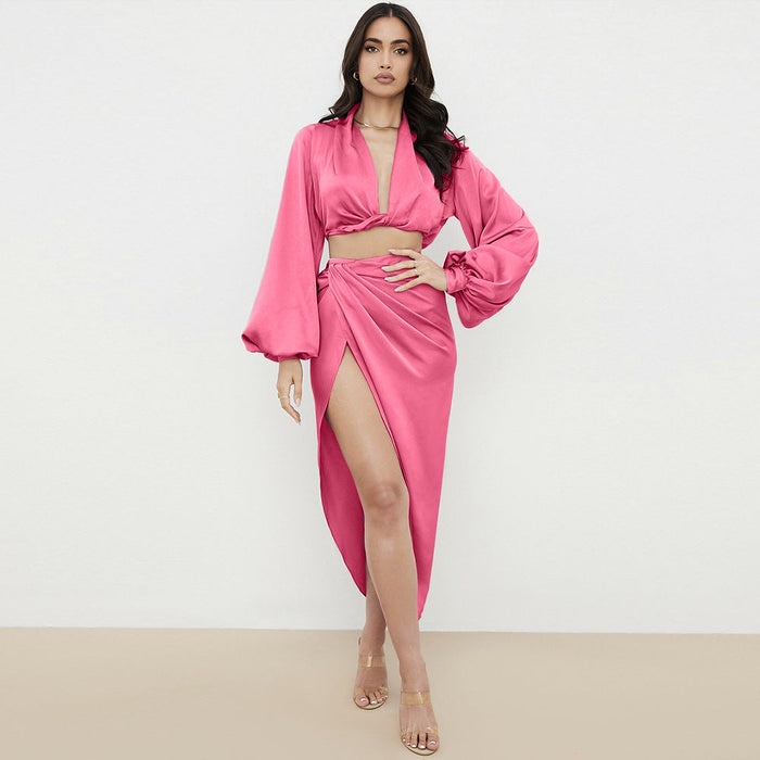 Color-Pink-Long Sleeve Deep V Plunge Plunge Cropped Top High Slit Skirt Set Satin Nightclub Sexy Dress-Fancey Boutique