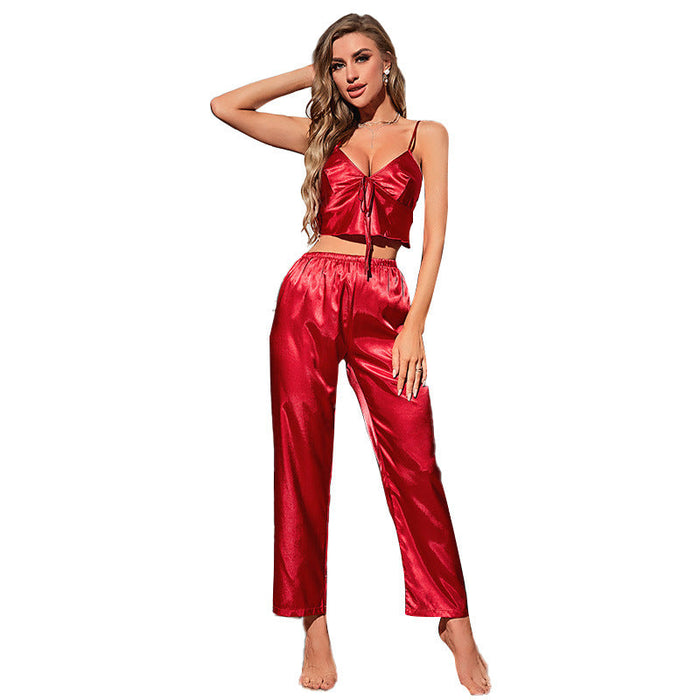 Color-V Neck Backless Slip Dress Sexy Breathable Women Pajama Suit Simulation Silk Dew Cropped Home Wear-Fancey Boutique