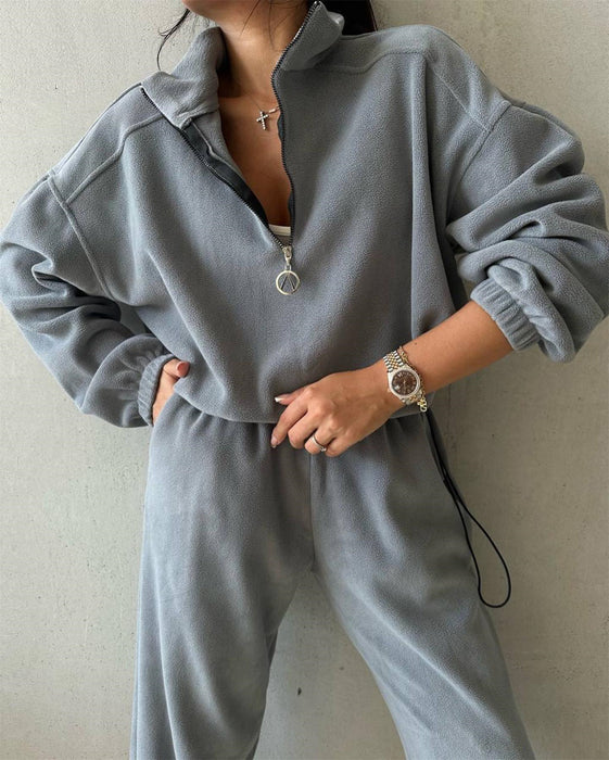 Color-Fleece Sweater Suit Women Autumn Winter Polo Collar Top Casual Pants Two Piece Set Women-Fancey Boutique