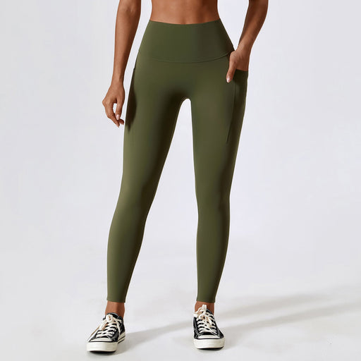 Color-Forest Green-Wear Tight Nude Feel Yoga Pants Pocket Belly Contracting Hip Lifting Fitness High Waist Running Sports Leggings-Fancey Boutique