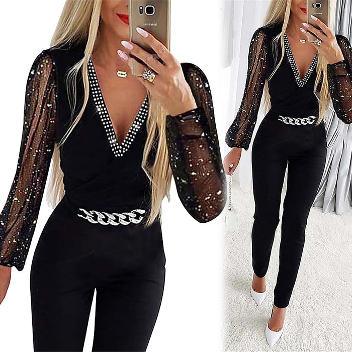 Color-Autumn Women Clothing Solid Color V neck Long Sleeve Rhinestone High Waist Professional Casual Jumpsuit-Fancey Boutique