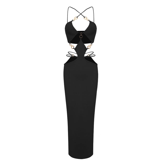 Color-Black-Black Metal Ring Halter Bandage One Piece Dress Sexy Women Braces Autumn-Fancey Boutique