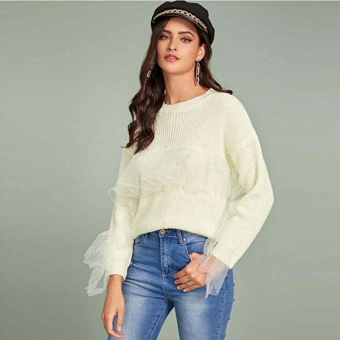Color-White-Autumn Winter Ladies Casual Knitted Sweater Mesh Ruffled Stitching Women Top Sweater-Fancey Boutique