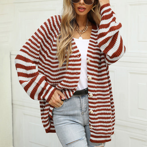 Color-Autumn Winter Fashionable Striped Knitted plus Size Loose Idle Brown Single Breasted V neck Cardigan Sweater-Fancey Boutique