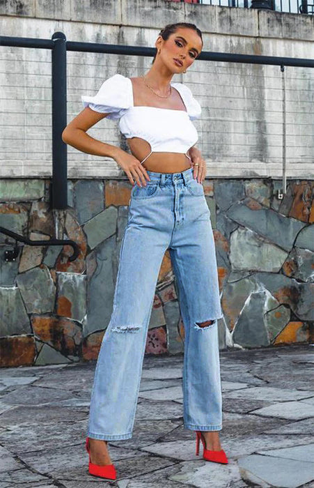 Color-Blue-Ripped Jeans Women Ripped High Waist Trousers Loose Straight Jeans-Fancey Boutique
