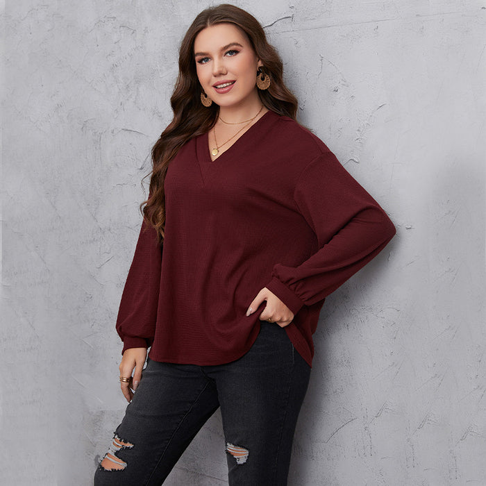 Color-Designed Office Plus Size Women V neck Long Sleeve Pullover Shirt-Fancey Boutique