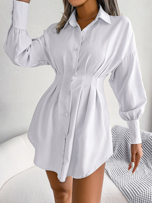Color-White-Autumn Winter Casual Lantern Sleeve Waist-Tight Asymmetric Dress Shirt Dress Women Clothing-Fancey Boutique