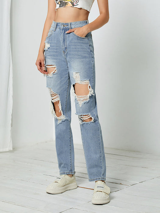 Color-Straight Leg Pants Washed Broken Holes Pants High Waist Jeans-Fancey Boutique