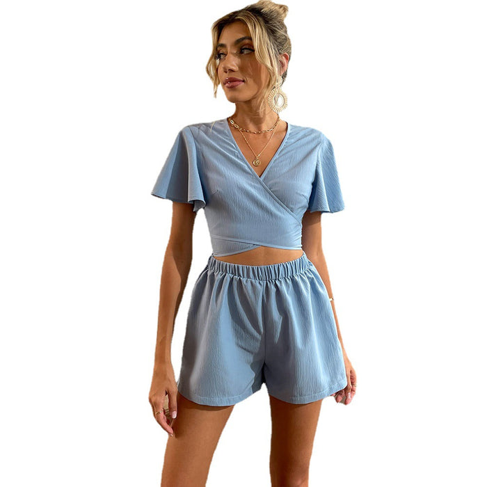 Color-Summer Women Clothing V-neck Pullover Lace-up Bell Sleeve Short Solid Color Suit-Fancey Boutique