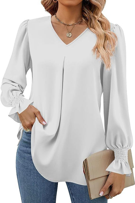 Color-White-Women Clothing Autumn Winter Solid Color Chiffon Shirt V Neck Pullover Horn Long Sleeve Top Shirt-Fancey Boutique