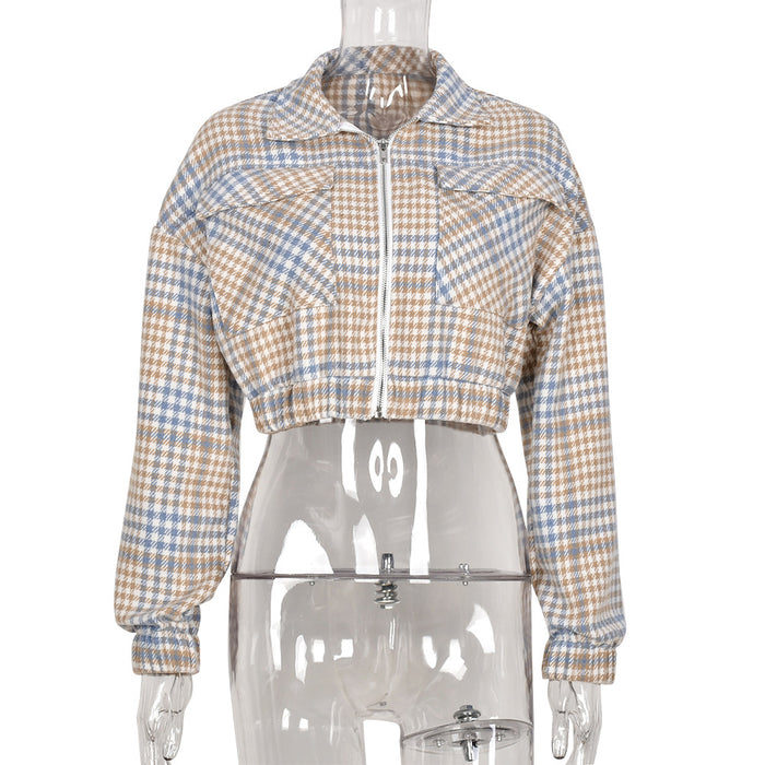 Color-Coat Short Bare Cropped Slim Fit Plaid Shacket Collar Long Sleeve Blouse-Fancey Boutique