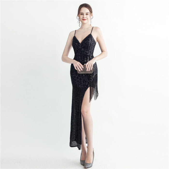 Color-Pure Black-Heavy Industry Craft Beaded Plaid Sequin Side Slit Sexy Suspenders Dress-Fancey Boutique