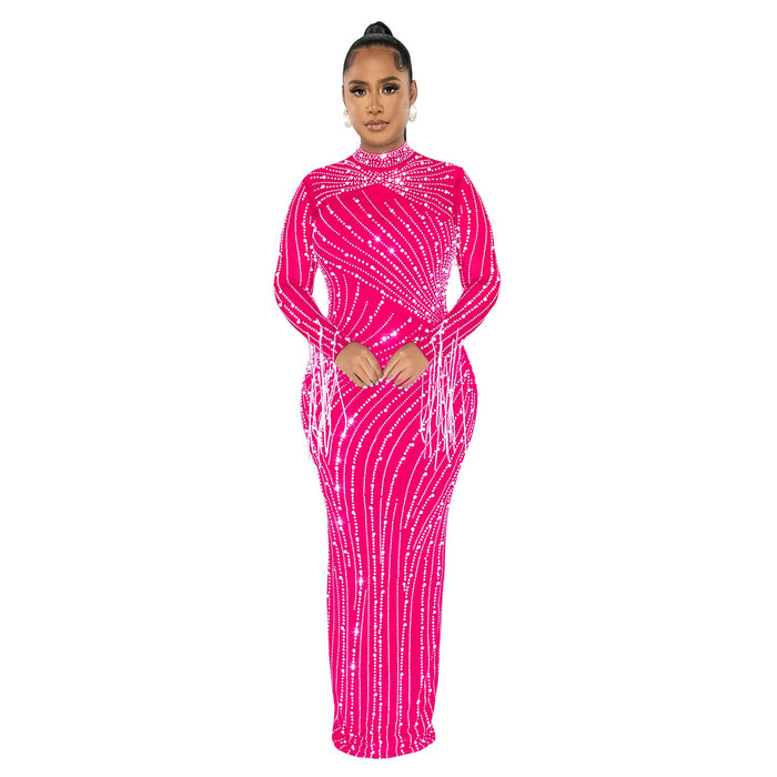 Color-Rose Red-Women Wear Mesh See Through Drilling Long Sleeve Lining Two Piece Set-Fancey Boutique