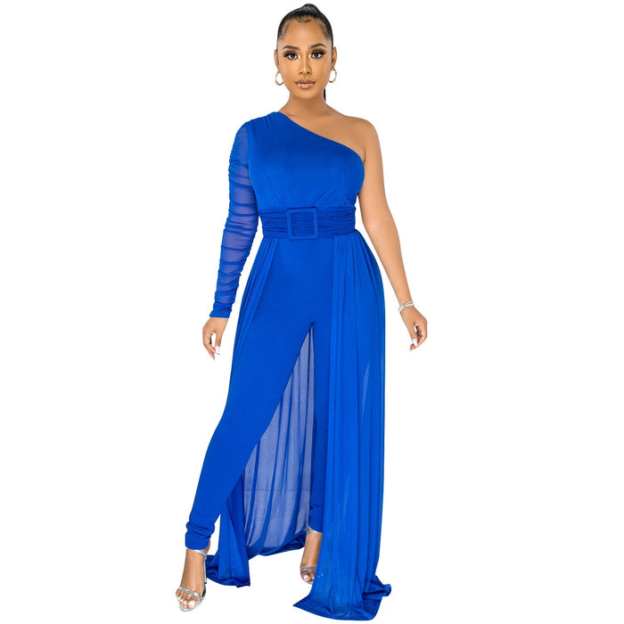Color-Blue-Solid Color Sexy Mesh See-through One Shoulder Diagonal Collar Long Sleeve Trousers Jumpsuit Women-Fancey Boutique