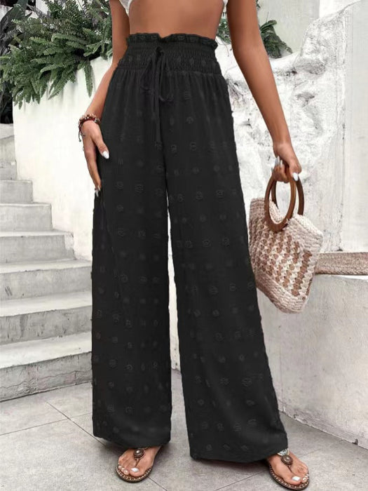 Color-Black-Casual Micro Elastic Loose Smocking High Waist Jacquard Casual Pants Wide Leg Pants Trousers for Women-Fancey Boutique