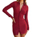 Color-Women Clothing Autumn Knitted Single-Breasted Solid Color Collared Long Sleeve Slim Sheath Dress-Fancey Boutique